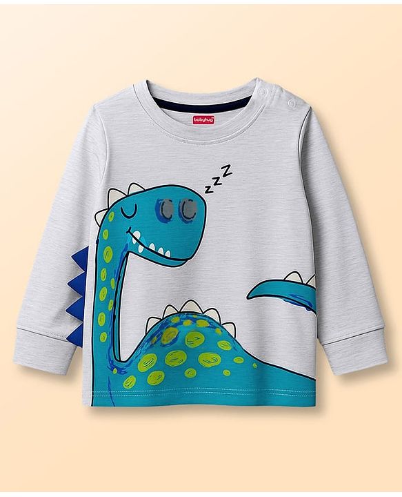Babyhug Cotton Knit Full Sleeves Night Suit With Dino Print - Grey
