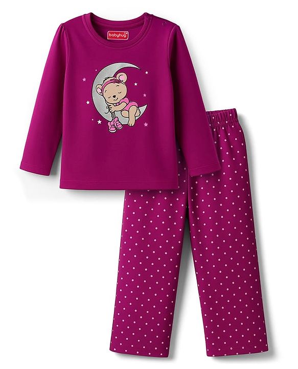 Babyhug Cotton Knit Full Sleeves Night Suit With Polka Dot & Teddy Print - Dark Pink