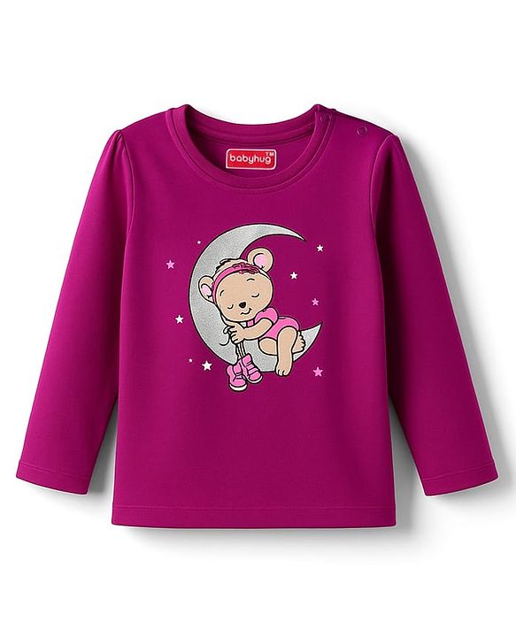 Babyhug Cotton Knit Full Sleeves Night Suit With Polka Dot & Teddy Print - Dark Pink