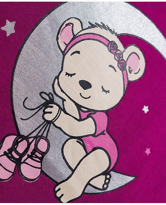 Babyhug Cotton Knit Full Sleeves Night Suit With Polka Dot & Teddy Print - Dark Pink