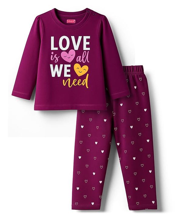 Babyhug Cotton Knit Full Sleeves Night Suit With Text Print - Purple