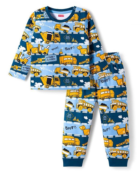 Babyhug Cotton Knit Full Sleeves Co-ords Night Suit With Animal Print - Navy Blue