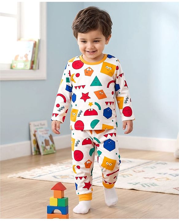 Babyhug Cotton Knit Full Sleeves Printed Co-ord Night Suit - White