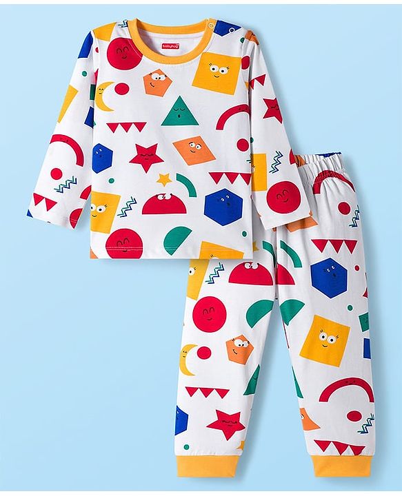 Babyhug Cotton Knit Full Sleeves Printed Co-ord Night Suit - White