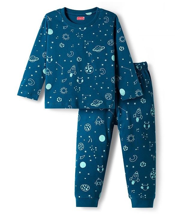 Babyhug Cotton Knit Full Sleeves Co-ord Night Suit With Space Theme Print - Navy Blue