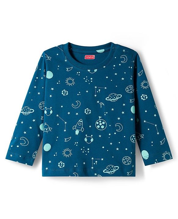 Babyhug Cotton Knit Full Sleeves Co-ord Night Suit With Space Theme Print - Navy Blue