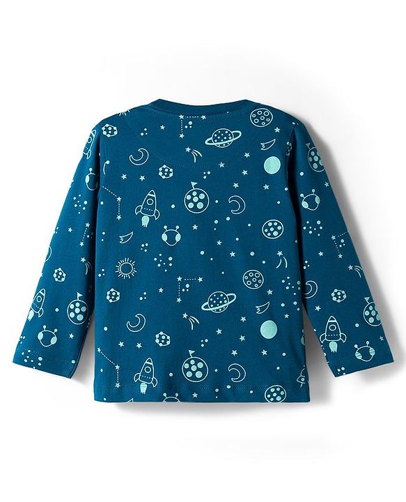Babyhug Cotton Knit Full Sleeves Co-ord Night Suit With Space Theme Print - Navy Blue