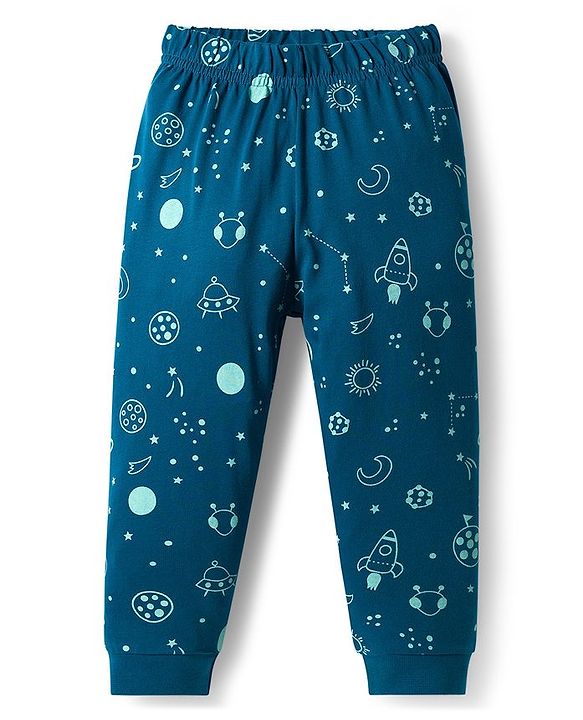 Babyhug Cotton Knit Full Sleeves Co-ord Night Suit With Space Theme Print - Navy Blue