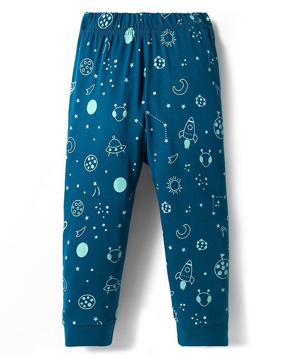 Babyhug Cotton Knit Full Sleeves Co-ord Night Suit With Space Theme Print - Navy Blue