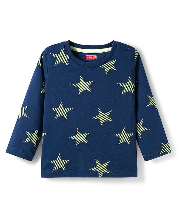 Babyhug Cotton Knit Full Sleeves Co-ords Night Suit With Star Print - Navy Blue
