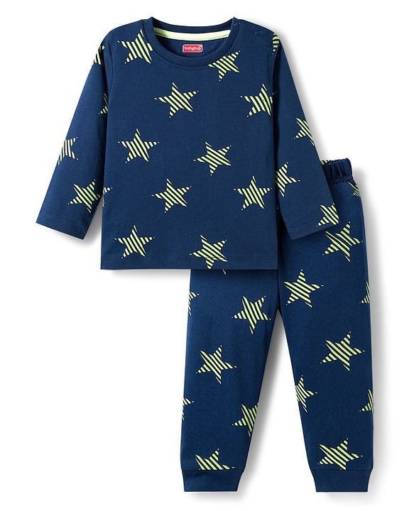 Babyhug Cotton Knit Full Sleeves Co-ords Night Suit With Star Print - Navy Blue