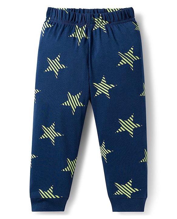 Babyhug Cotton Knit Full Sleeves Co-ords Night Suit With Star Print - Navy Blue