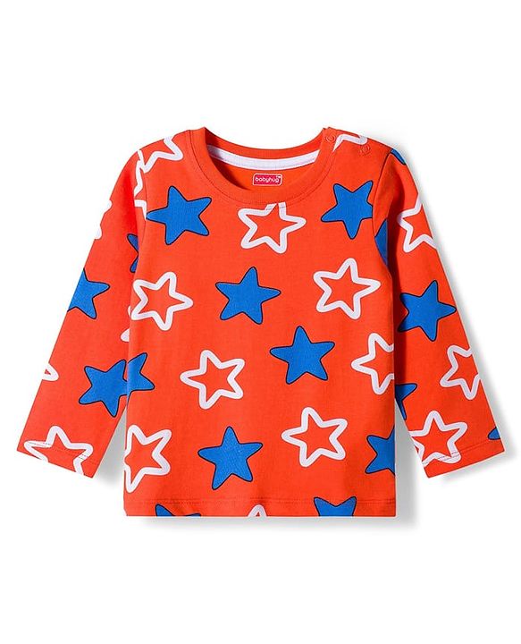 Babyhug Cotton Knit Full Sleeves Co-ords Night Suit With Star Print - Orange