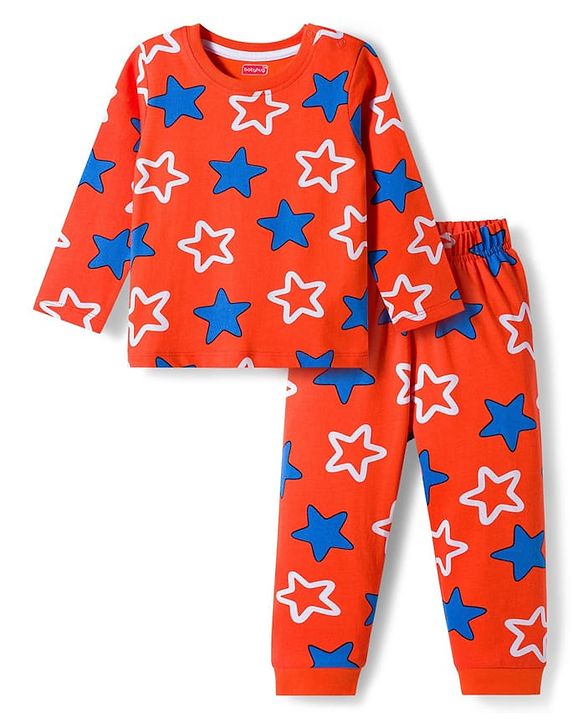 Babyhug Cotton Knit Full Sleeves Co-ords Night Suit With Star Print - Orange