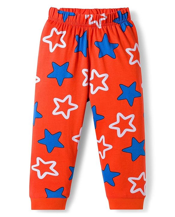 Babyhug Cotton Knit Full Sleeves Co-ords Night Suit With Star Print - Orange