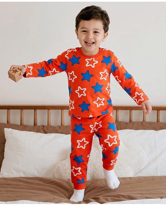 Babyhug Cotton Knit Full Sleeves Co-ords Night Suit With Star Print - Orange