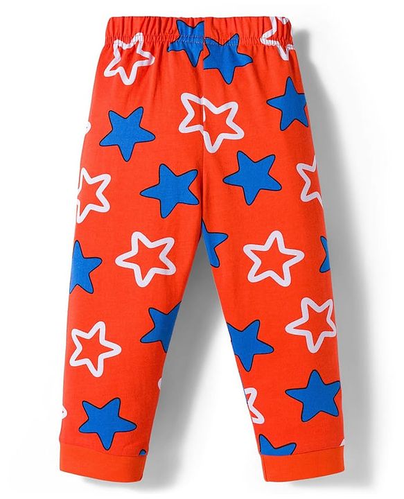 Babyhug Cotton Knit Full Sleeves Co-ords Night Suit With Star Print - Orange