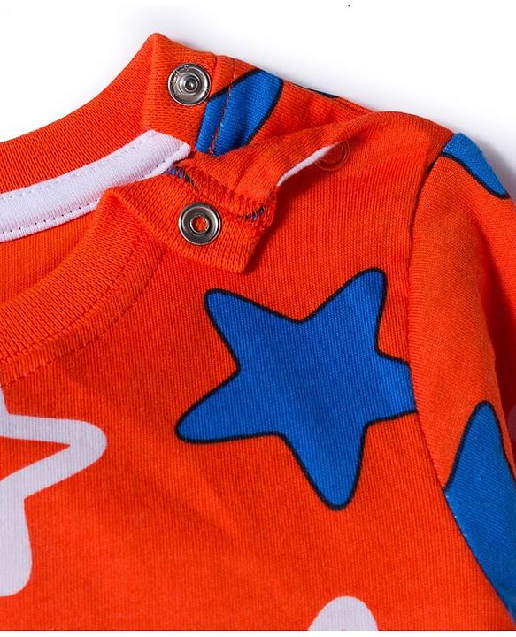 Babyhug Cotton Knit Full Sleeves Co-ords Night Suit With Star Print - Orange