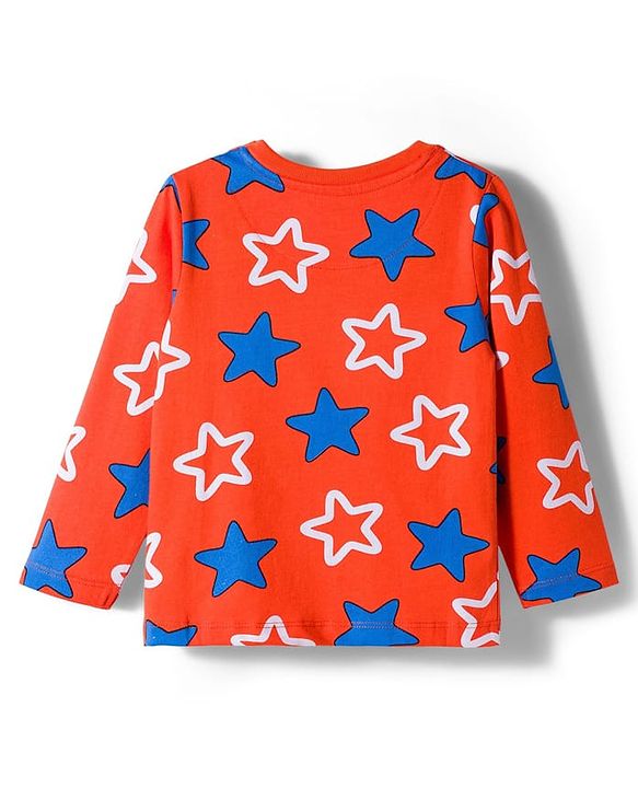 Babyhug Cotton Knit Full Sleeves Co-ords Night Suit With Star Print - Orange