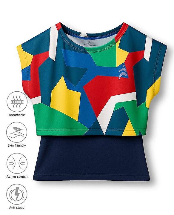 Pine Active Knit Super Stretch Half Sleeves Crop Top with Vest - Multicolor