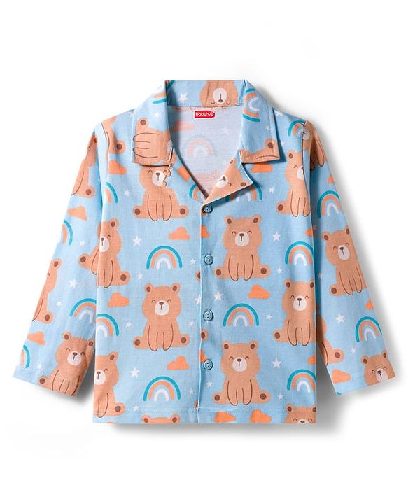 Babyhug Cotton Knit Full Sleeves Co-ords Night Suit With Animal Print - Blue