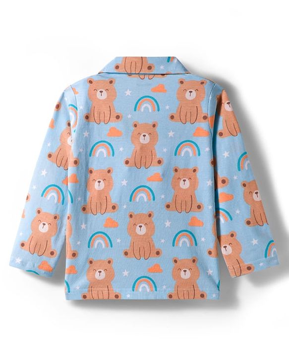 Babyhug Cotton Knit Full Sleeves Co-ords Night Suit With Animal Print - Blue