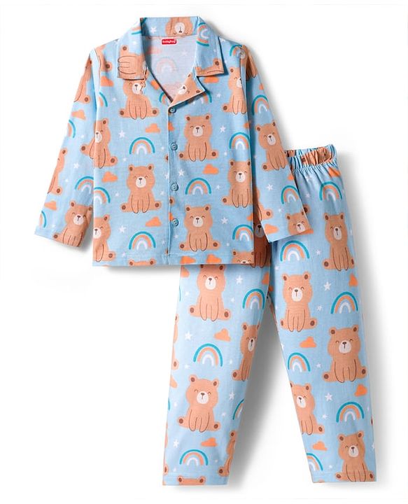 Babyhug Cotton Knit Full Sleeves Co-ords Night Suit With Animal Print - Blue