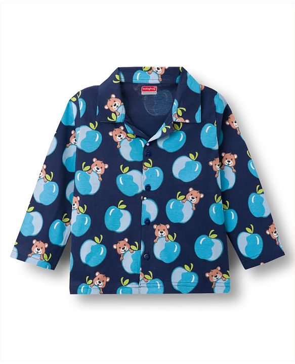 Babyhug Cotton Knit Full Sleeves Co-ords Night Suit With Animal Print - Navy Blue