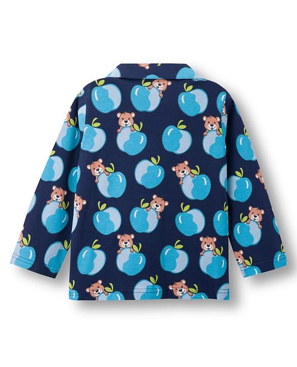 Babyhug Cotton Knit Full Sleeves Co-ords Night Suit With Animal Print - Navy Blue