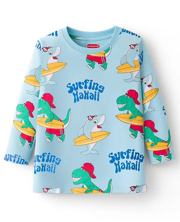 Babyhug Cotton Knit Full Sleeves Co-ords Night Suit With Dino Print - Light Blue