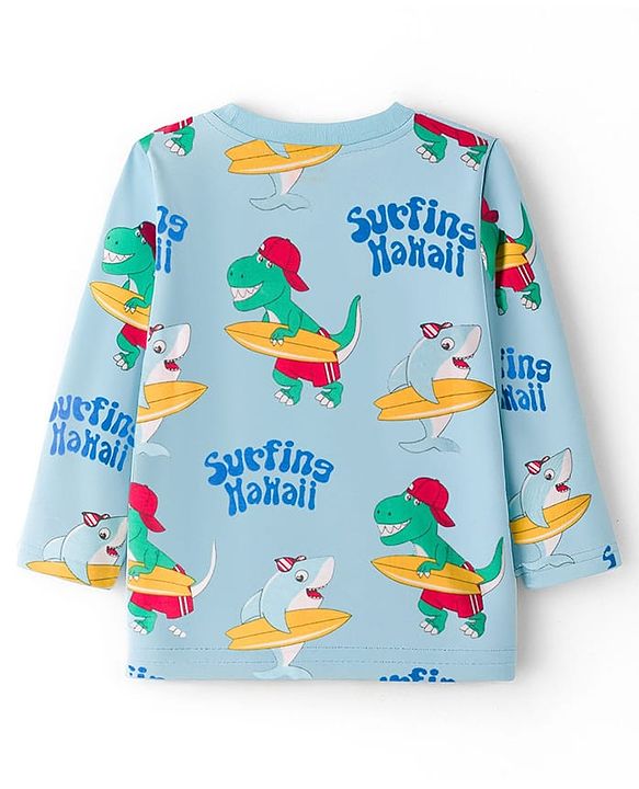 Babyhug Cotton Knit Full Sleeves Co-ords Night Suit With Dino Print - Light Blue