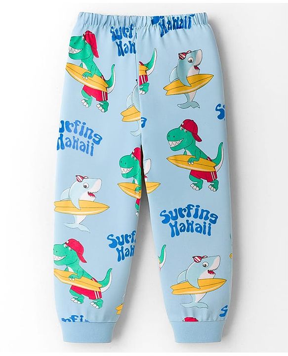 Babyhug Cotton Knit Full Sleeves Co-ords Night Suit With Dino Print - Light Blue