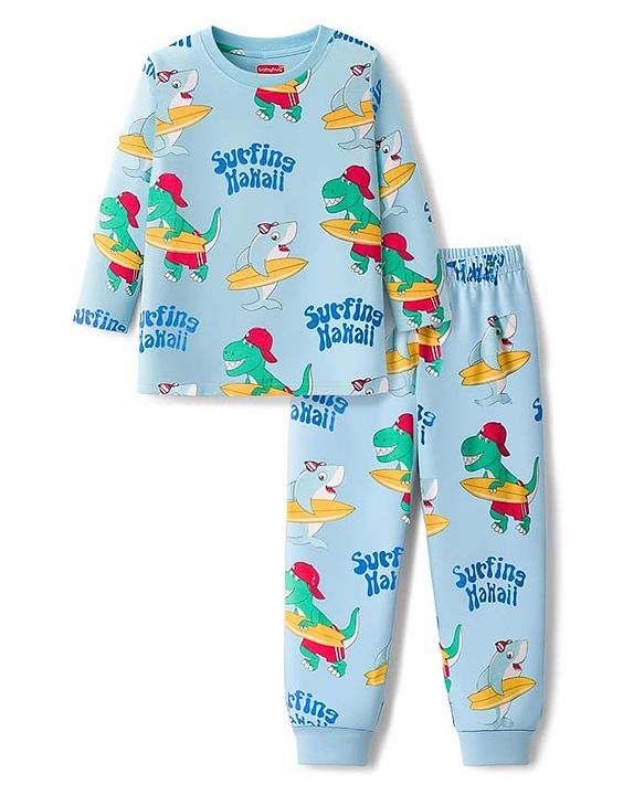 Babyhug Cotton Knit Full Sleeves Co-ords Night Suit With Dino Print - Light Blue