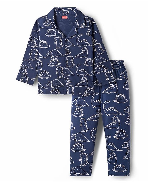 Babyhug Cotton Knit Full Sleeves Co-ords Night Suit With Dino Print - Navy Blue