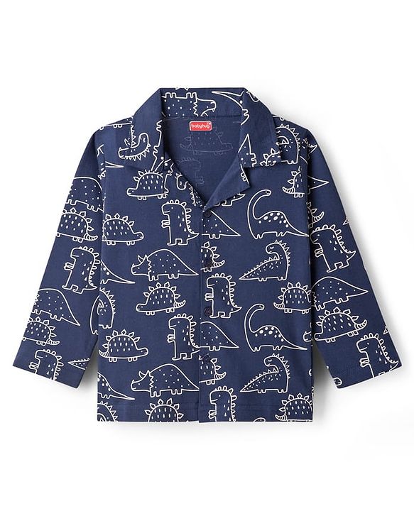 Babyhug Cotton Knit Full Sleeves Co-ords Night Suit With Dino Print - Navy Blue
