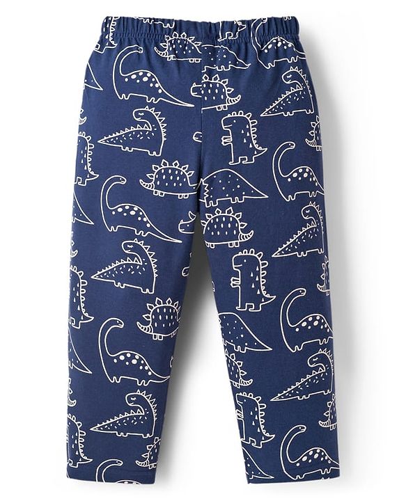 Babyhug Cotton Knit Full Sleeves Co-ords Night Suit With Dino Print - Navy Blue