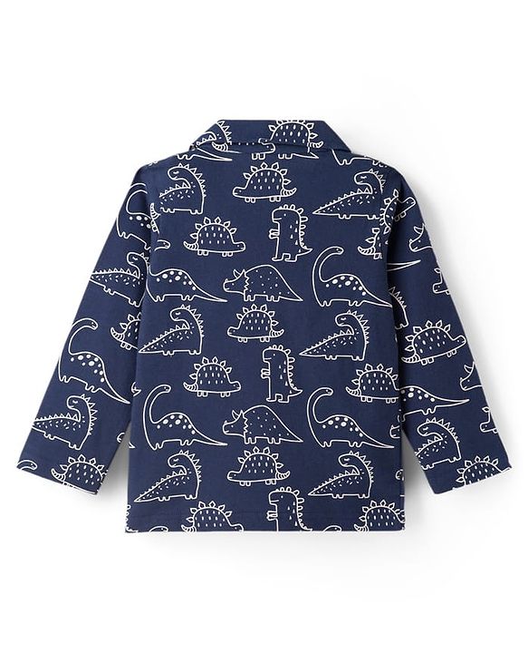 Babyhug Cotton Knit Full Sleeves Co-ords Night Suit With Dino Print - Navy Blue