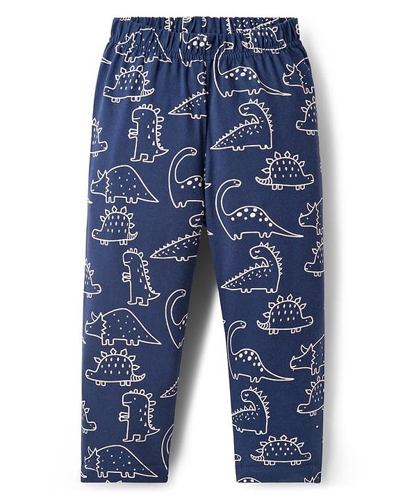 Babyhug Cotton Knit Full Sleeves Co-ords Night Suit With Dino Print - Navy Blue