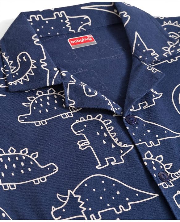Babyhug Cotton Knit Full Sleeves Co-ords Night Suit With Dino Print - Navy Blue