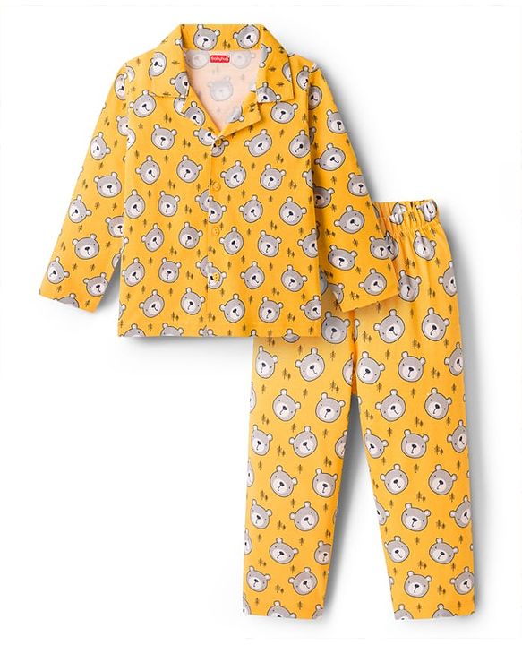 Babyhug Cotton Knit Full Sleeves Co-ords Night Suit With Animal Print - Yellow
