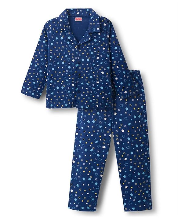 Babyhug Cotton Knit Full Sleeves Co-ords Night Suit With Star Print - Navy Blue