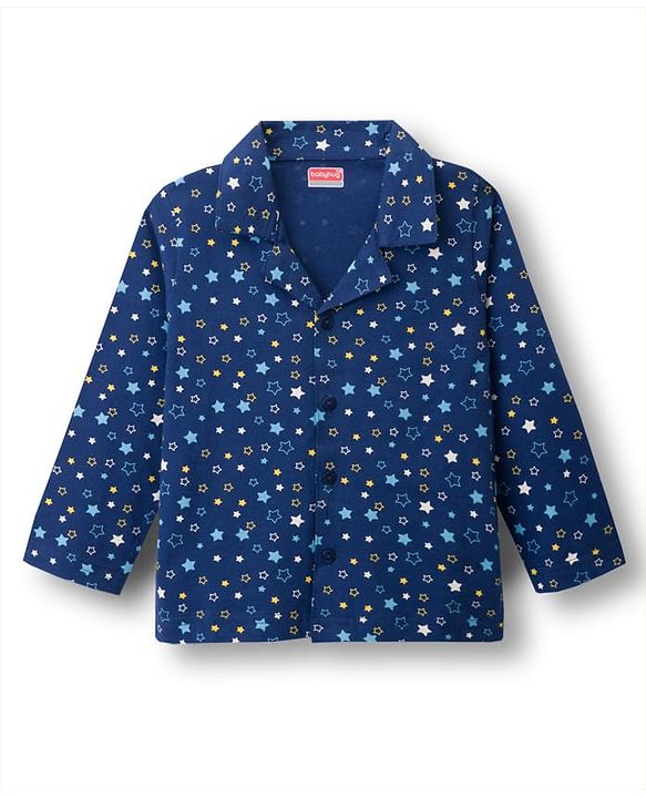 Babyhug Cotton Knit Full Sleeves Co-ords Night Suit With Star Print - Navy Blue