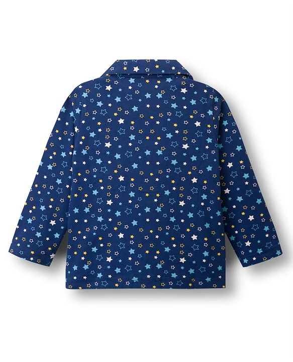 Babyhug Cotton Knit Full Sleeves Co-ords Night Suit With Star Print - Navy Blue