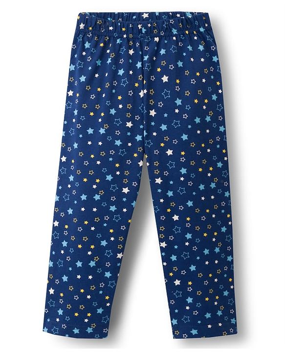 Babyhug Cotton Knit Full Sleeves Co-ords Night Suit With Star Print - Navy Blue