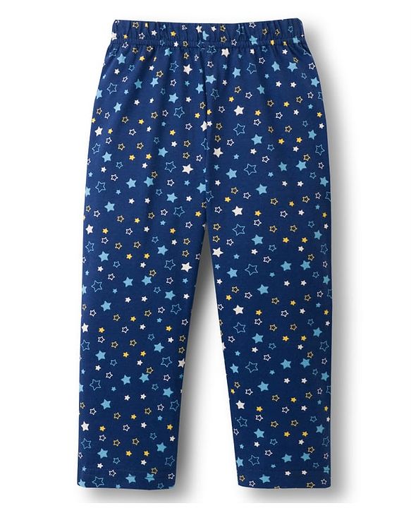 Babyhug Cotton Knit Full Sleeves Co-ords Night Suit With Star Print - Navy Blue