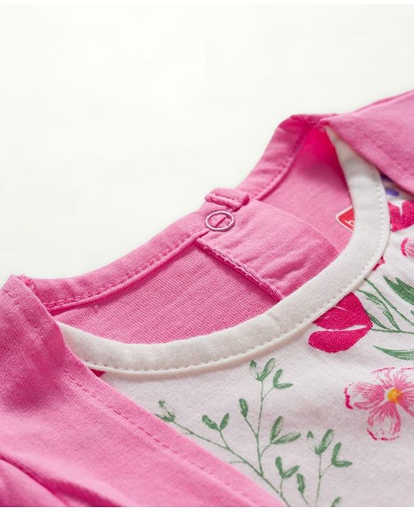 Babyhug 100% Cotton Knit Full Sleeves Top with Attached Shrug Floral Print - Pink