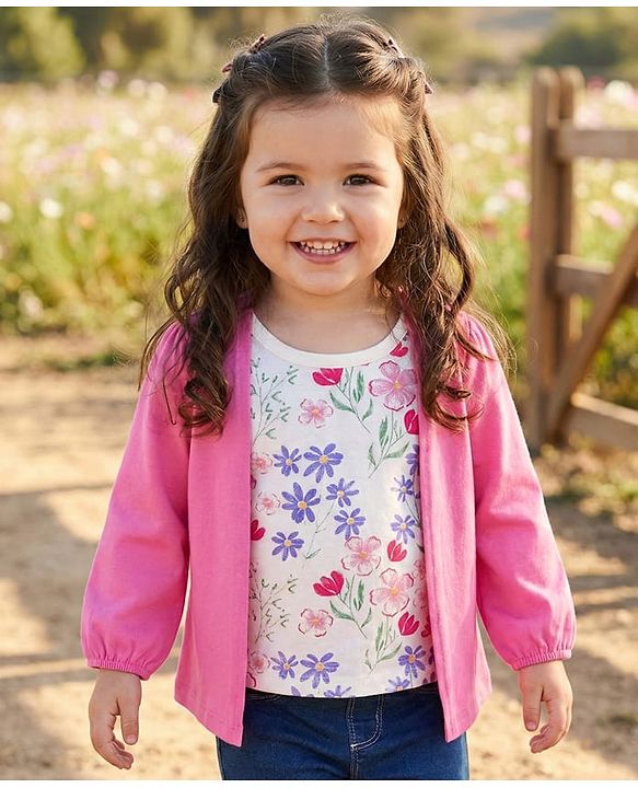 Babyhug 100% Cotton Knit Full Sleeves Top with Attached Shrug Floral Print - Pink