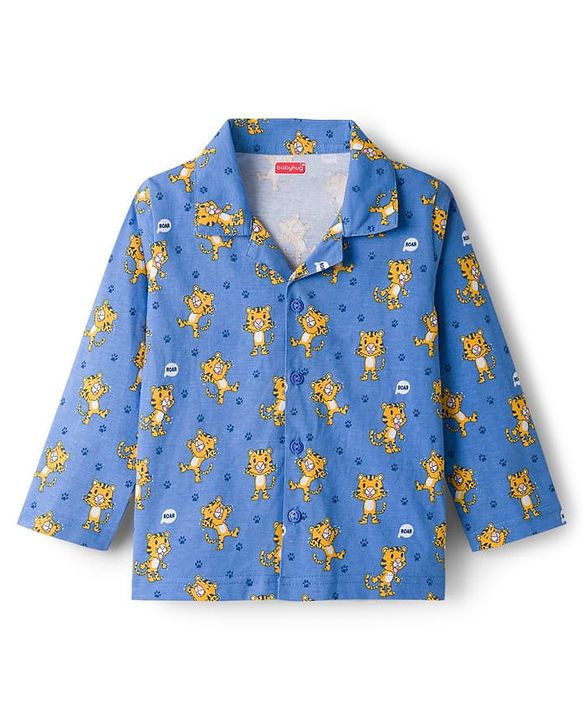 Babyhug Cotton Knit Full Sleeves Co-ords Night Suit With Animal Print - Blue