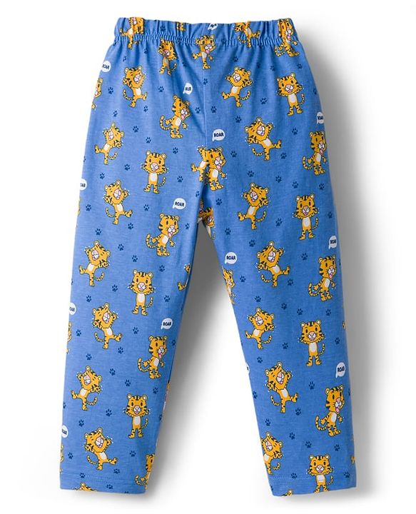 Babyhug Cotton Knit Full Sleeves Co-ords Night Suit With Animal Print - Blue