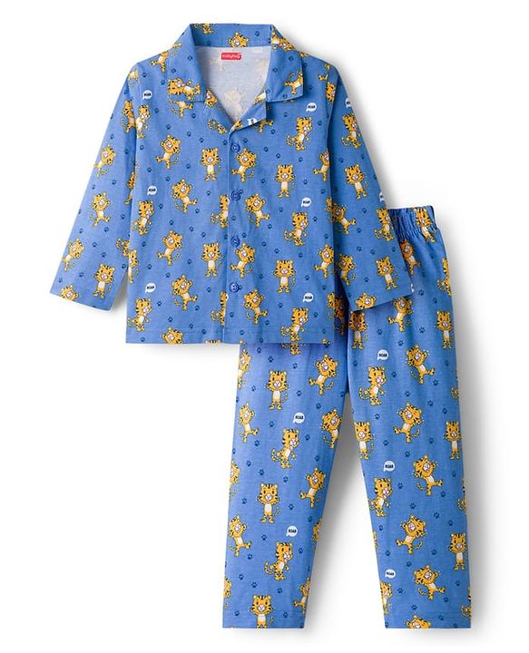 Babyhug Cotton Knit Full Sleeves Co-ords Night Suit With Animal Print - Blue